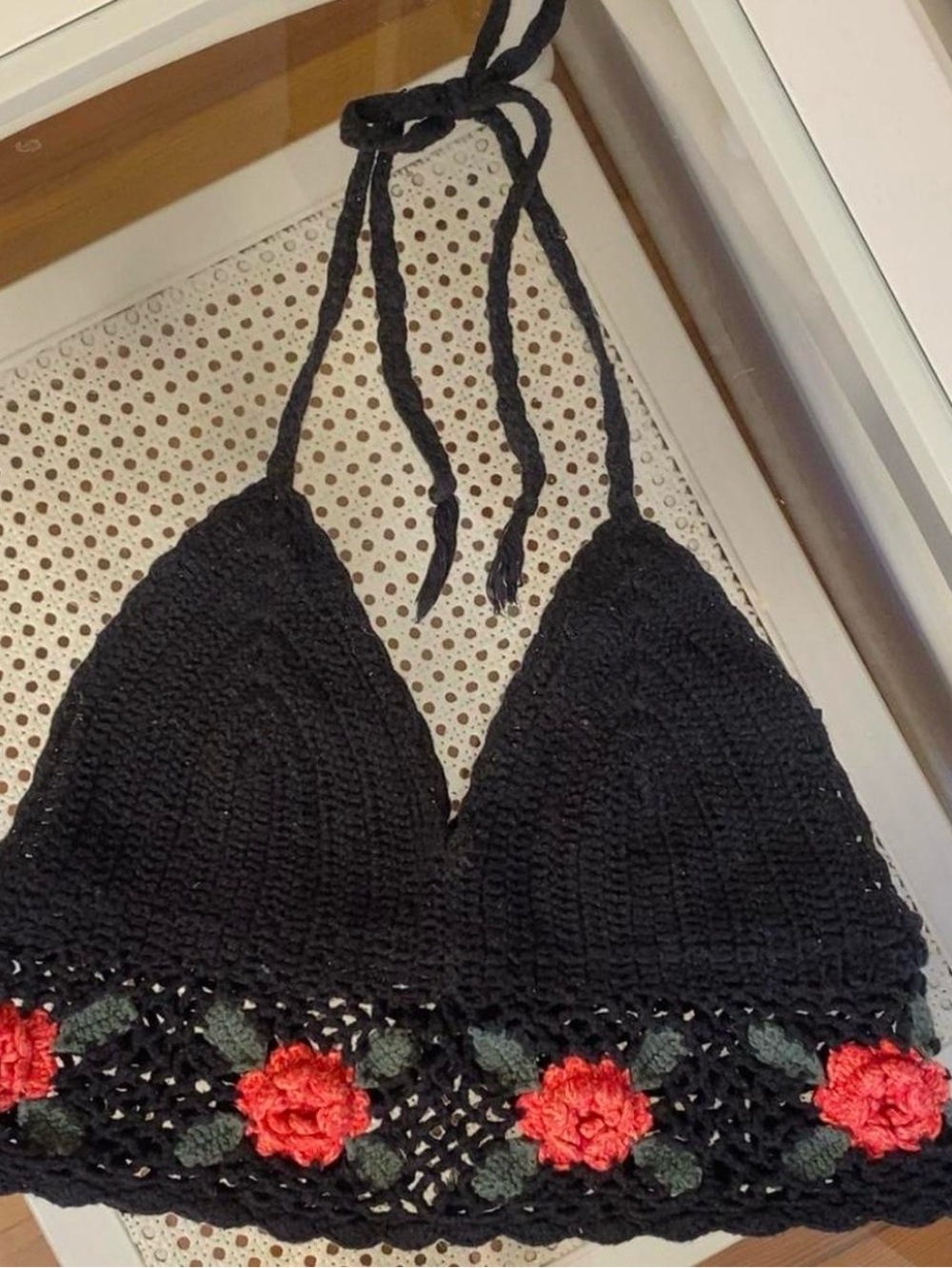 Ecote Black Crochet Halter Crop Top with Red Rose Trim
